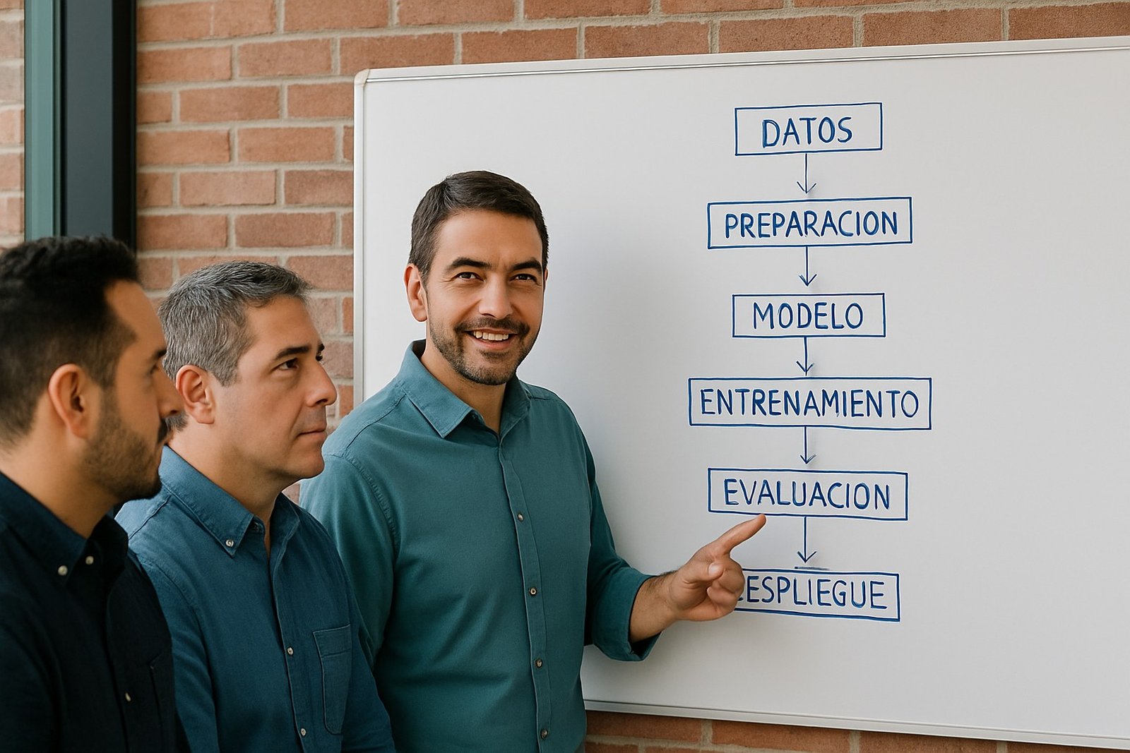 Tres profesionales chilenos (40–45) frente a una pizarra con flujo de Machine Learning: Datos → Preparación → Modelo → Entrenamiento → Evaluación → Despliegue.